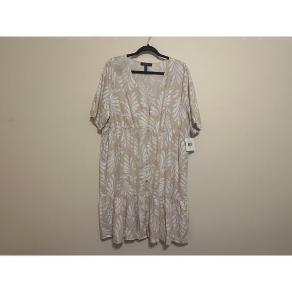 Ellen Tracy Tiered Linen Blend Dress - Linen Leaf Pattern - Picture 5 of 9